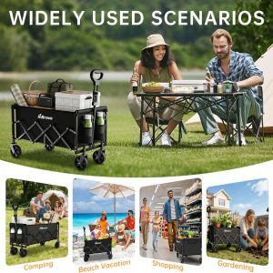 Collapsible Wagon Cart Foldable Beach Wagon with All-Terrain Wheels - 380 LBS Heavy Duty Grocery Cart for Shopping, Beach, Camping, Sports, Garden (Black) - 5