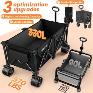 Collapsible Wagon Carts Foldable 570LBS Beach Wagon with Big All-Terrain Wheels Weight Capacity Heavy Duty Utility Carts with Cup Holders for Garden, Camping, Grocery, Sports Black - 2