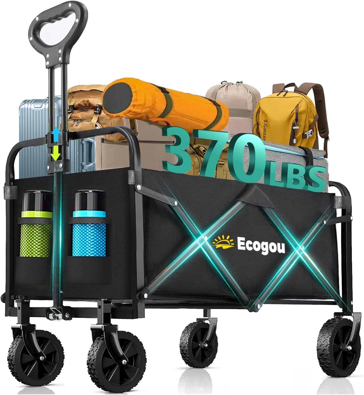 Collapsible Wagon with Wheels, 370lbs Weight Capacity Foldable Beach Wagon with Flexible Handle Portable Utility Wagon Cart for Outdoor, Grocery, Garden, Camping - 1