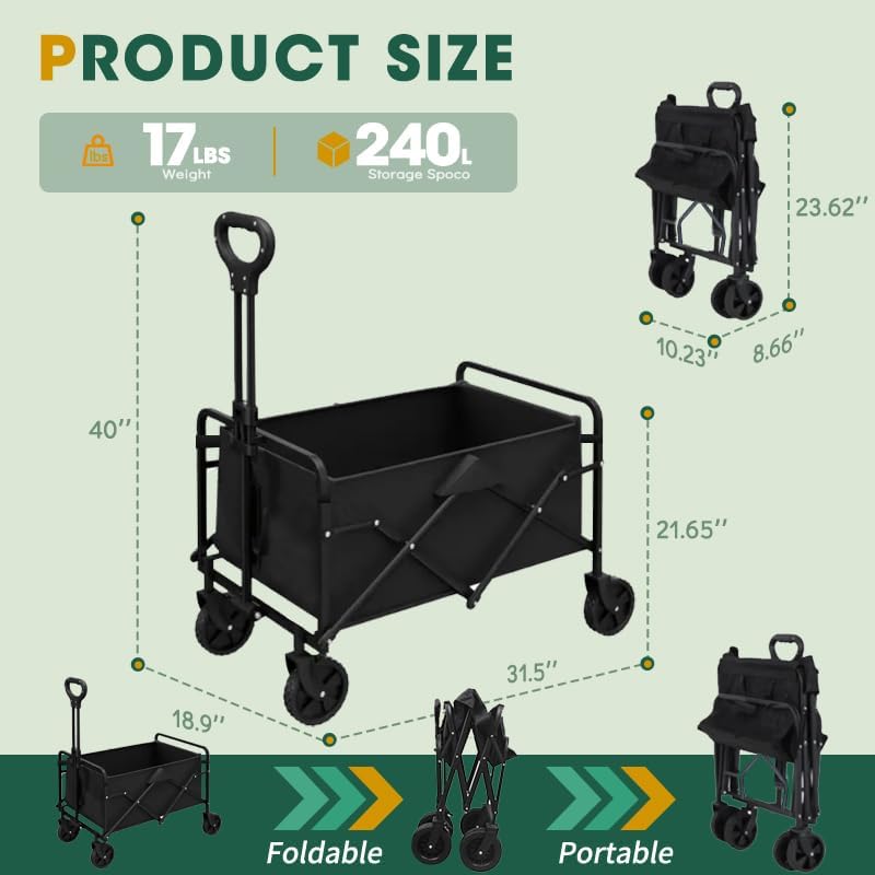 Collapsible Wagon with Wheels, 370lbs Weight Capacity Foldable Beach Wagon with Flexible Handle Portable Utility Wagon Cart for Outdoor, Grocery, Garden, Camping - 2