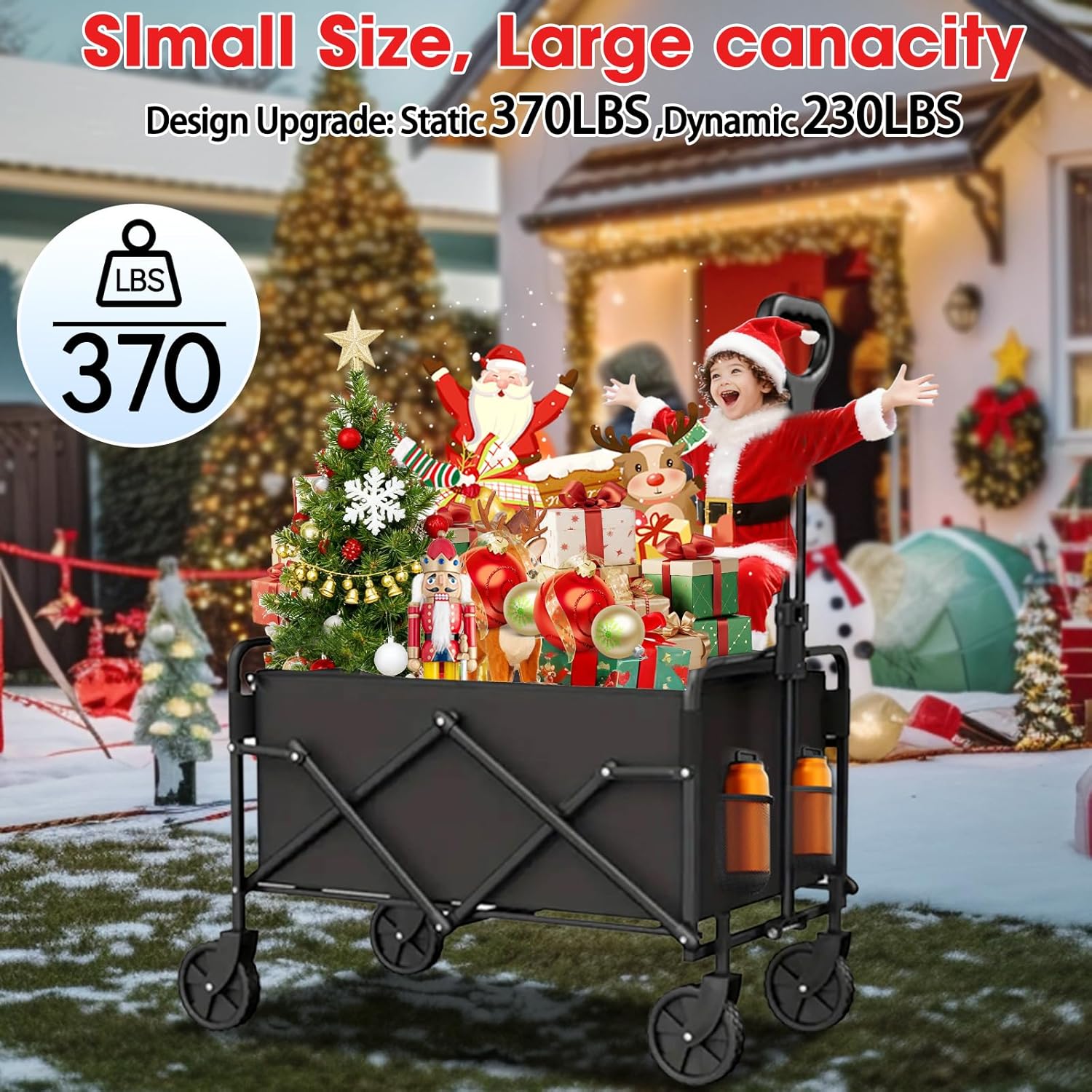 Collapsible Wagon with Wheels, 370lbs Weight Capacity Foldable Beach Wagon with Flexible Handle Portable Utility Wagon Cart for Outdoor, Grocery, Garden, Camping - 3