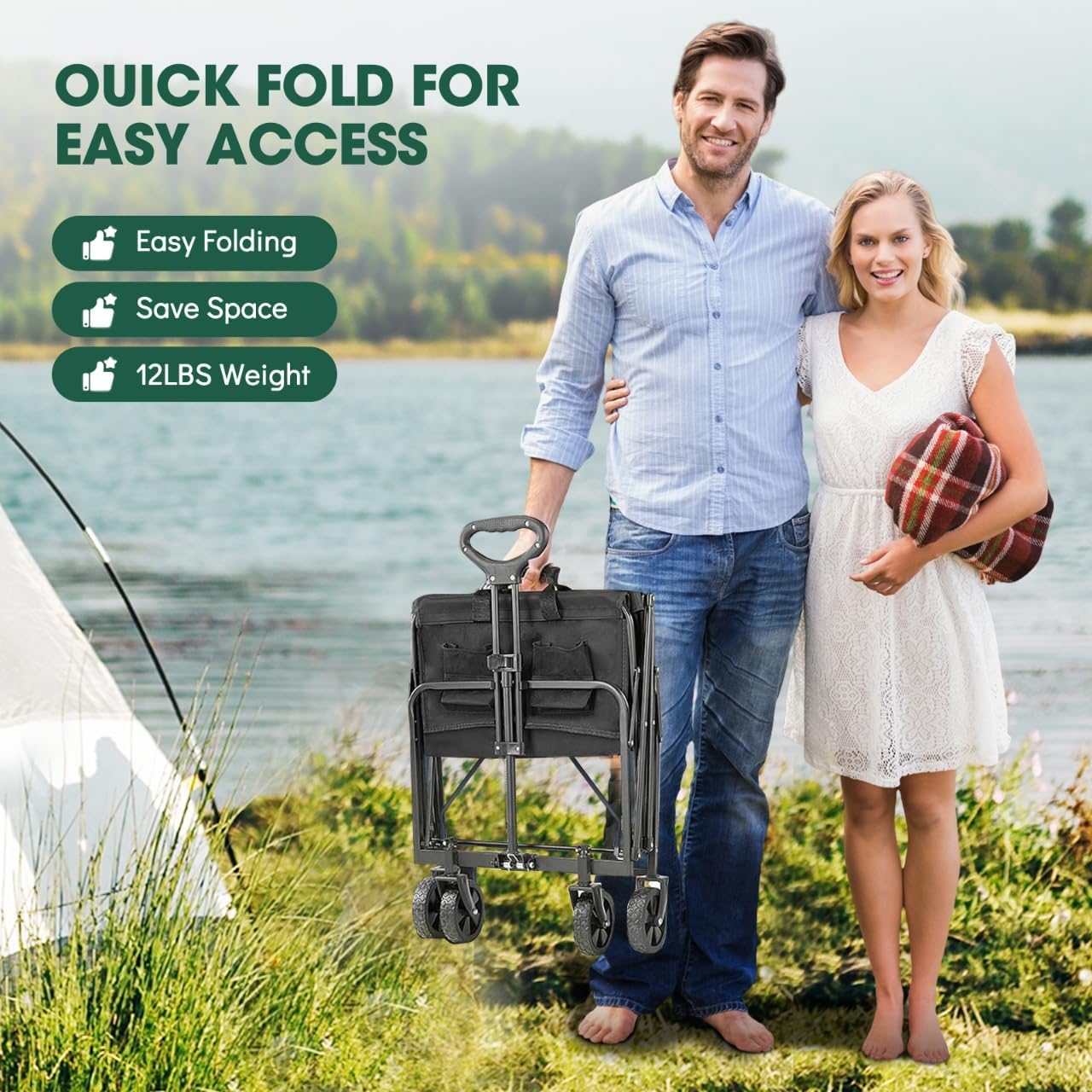 Collapsible Wagon with Wheels, 370lbs Weight Capacity Foldable Beach Wagon with Flexible Handle Portable Utility Wagon Cart for Outdoor, Grocery, Garden, Camping - 4