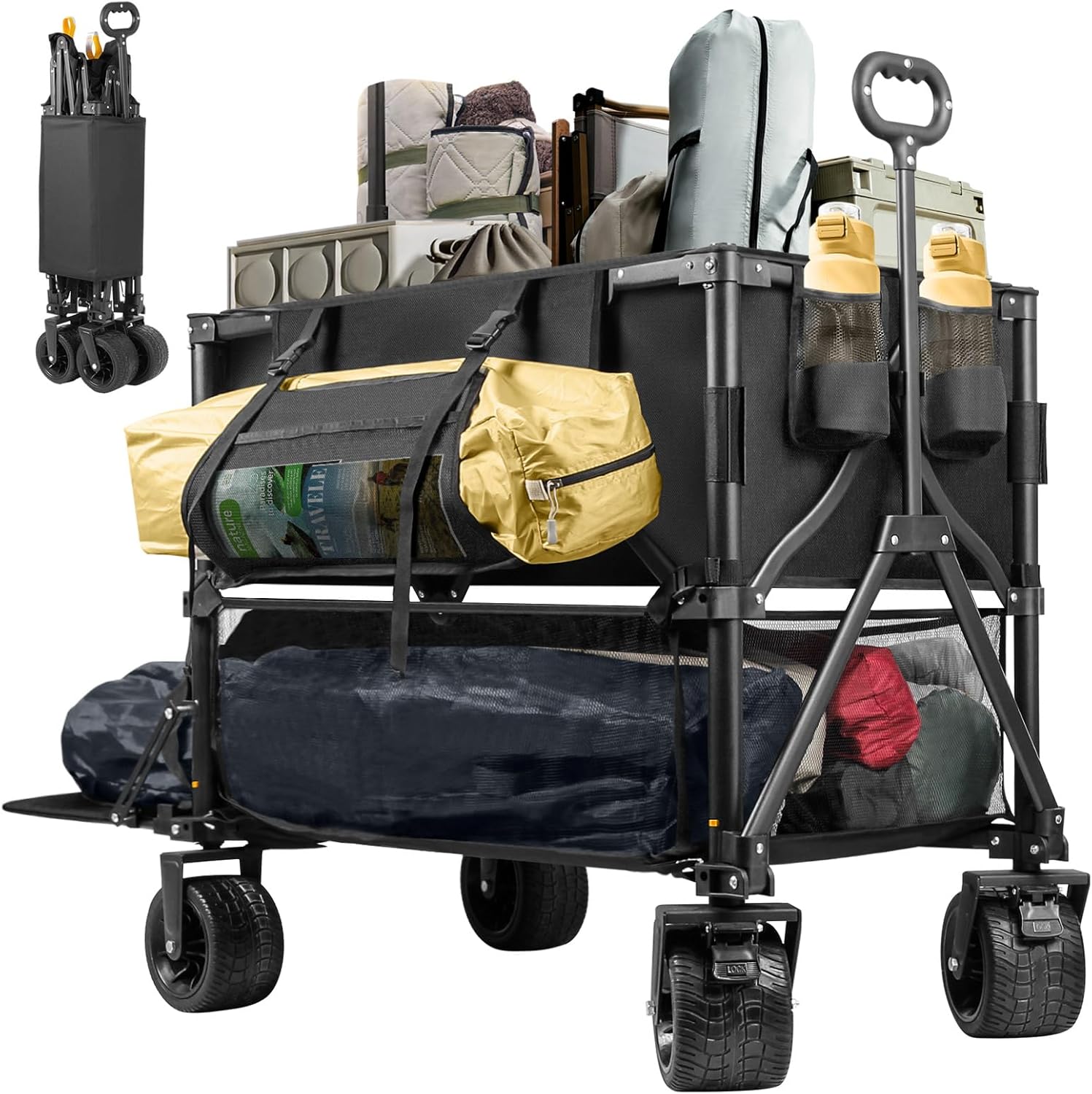 Double Decker Wagon 600lb Capacity & 400L Collapsible Sports Wagon with Big Wheels 54 Extended Utility Folding Cart for Camping Fishing & Outdoor Use - 1