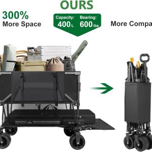 Double Decker Wagon 600lb Capacity & 400L Collapsible Sports Wagon with Big Wheels 54 Extended Utility Folding Cart for Camping Fishing & Outdoor Use - 3