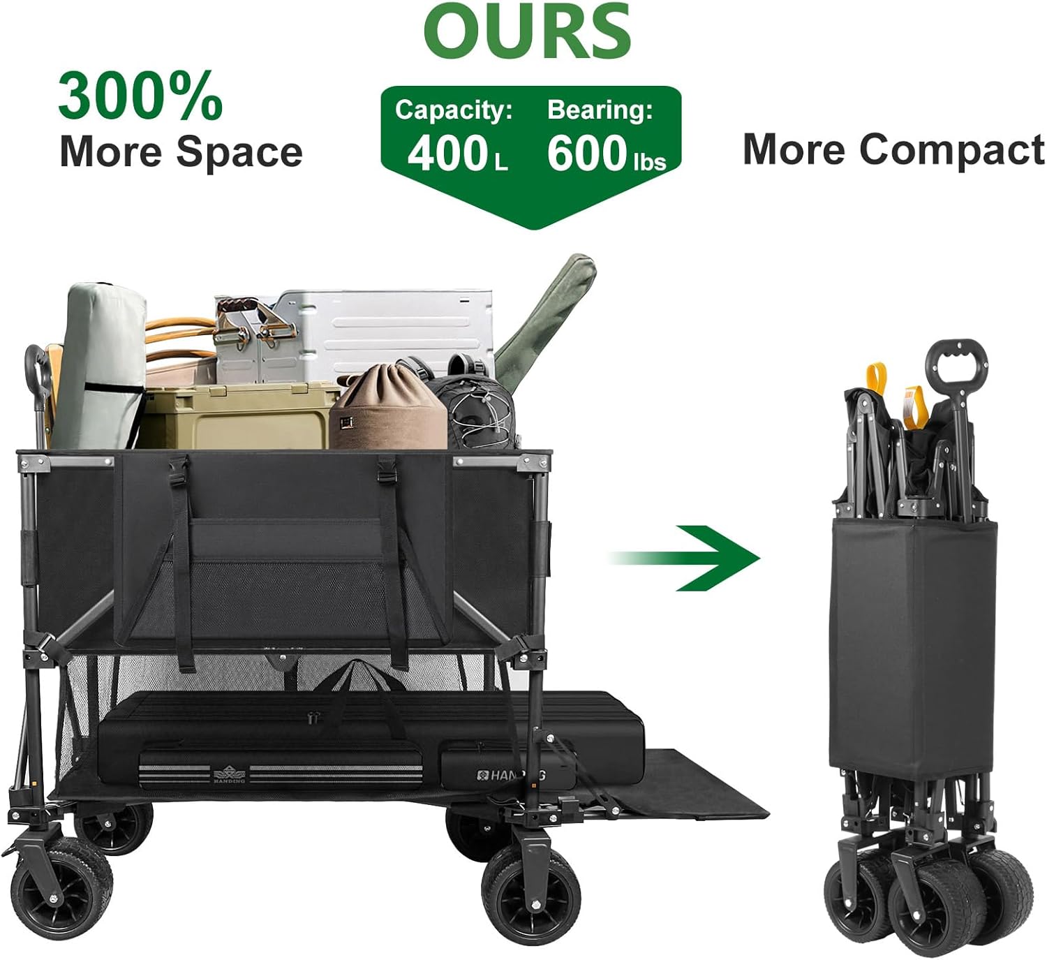 Double Decker Wagon 600lb Capacity & 400L Collapsible Sports Wagon with Big Wheels 54 Extended Utility Folding Cart for Camping Fishing & Outdoor Use - 3