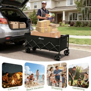 Extra Long Collapsible Wagon Cart, 480LBS Heavy Duty Utility Wagons with All-Terrain Wheels, Foldable Grocery Carts for Gardening, Shopping, Beach, Camping, Black - 7