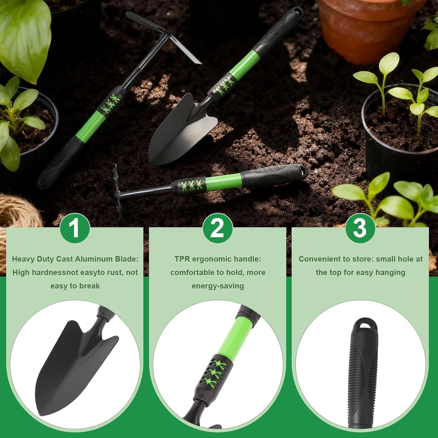 Garden Tool Set, 3 Pack Lightweight Heavy Gardening Kit Including Hand Shovel, Transplant Shovel and Hand Rake with Soft Rubber Non-Slip Handle, for Planting Weeding Digging, Green ﻿ - Image 5