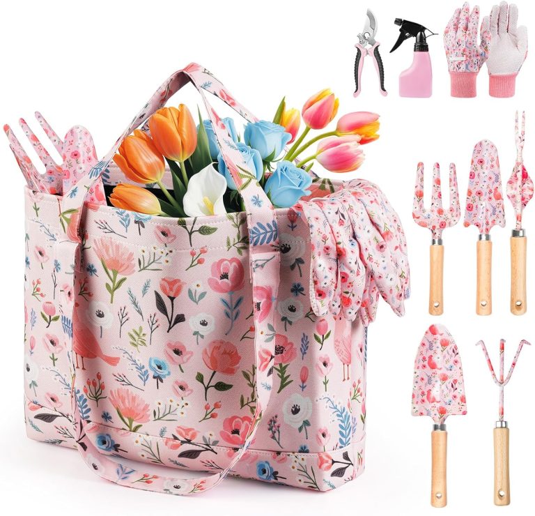 Grenebo Gardening Tools, 10-Piece Gardening Gift Set for Women, Rust-Proof & Heavy-Duty Tools with Floral Organizer Bag, Fashionable & Thoughtful Gift for Garden Women (Pink)