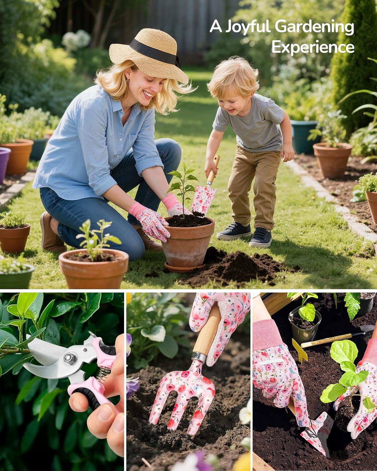 Grenebo Gardening Tools, 10-Piece Gardening Gift Set for Women, Rust-Proof & Heavy-Duty Tools with Floral Organizer Bag, Fashionable & Thoughtful Gift for Garden Women (Pink) - Image 3