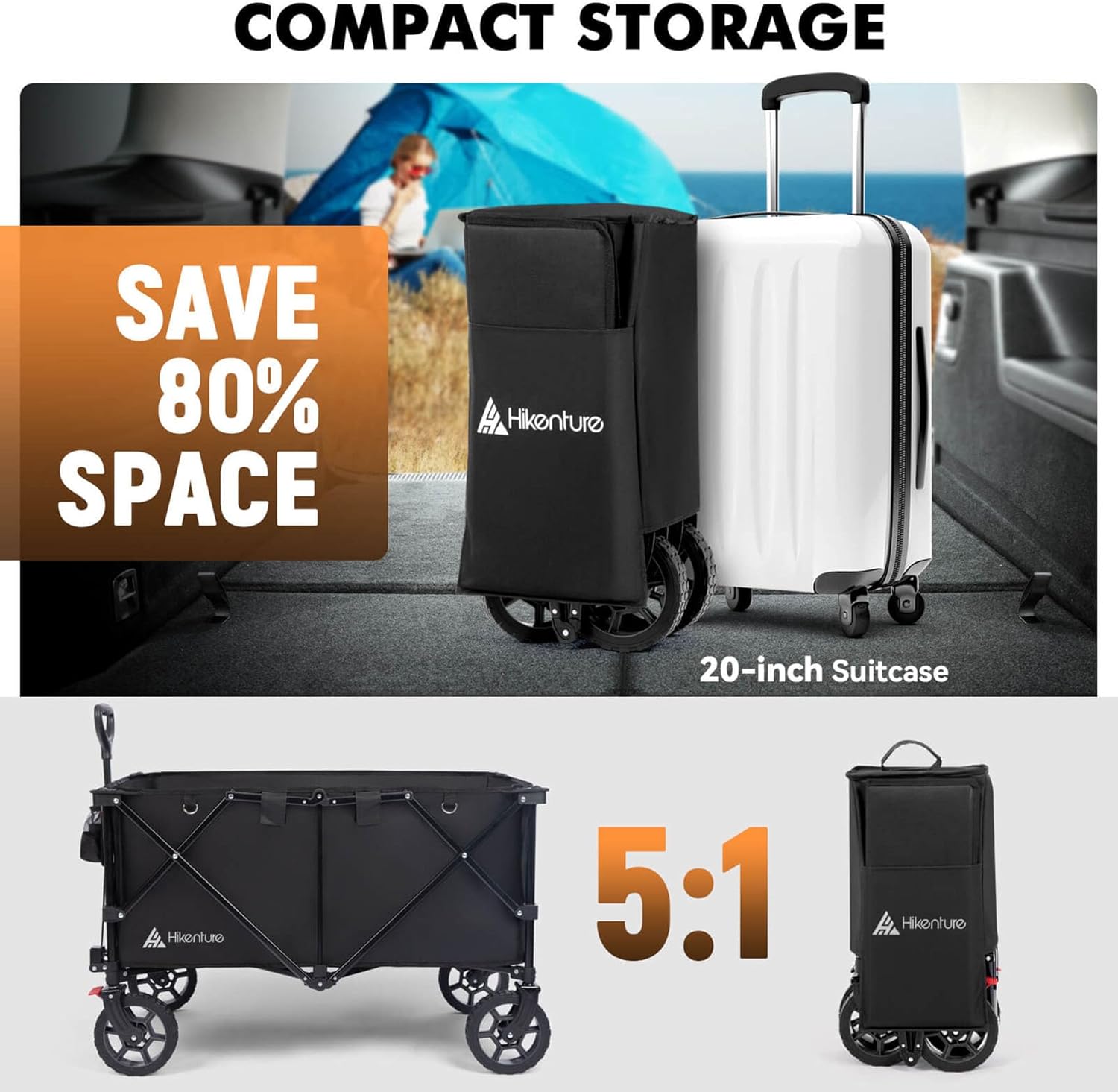 Hikenture Collapsible Wagon - 330LBS Capacity, Extra Large Foldable Wagon with All-Terrain Wheels, Utility Beach Cart for Outdoor Garden - 3