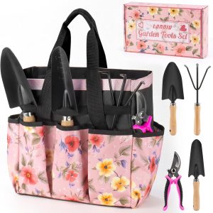 Pink Gardening Tools, Garden Tool Set for Women,5 Piece Womens Gardening Kit with Floral Garden Bag,Gifts for Wife (5-Piece Pink) - 1