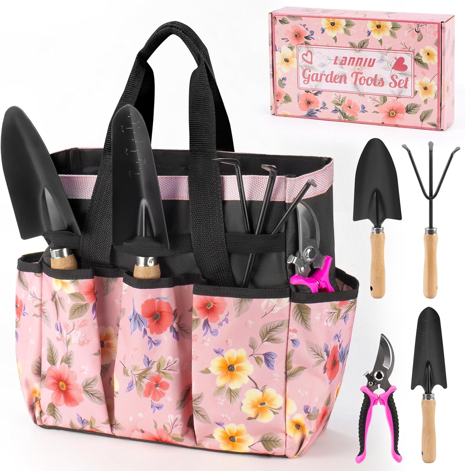 Pink Gardening Tools, Garden Tool Set for Women,5 Piece Womens Gardening Kit with Floral Garden Bag,Gifts for Wife (5-Piece Pink) - 1