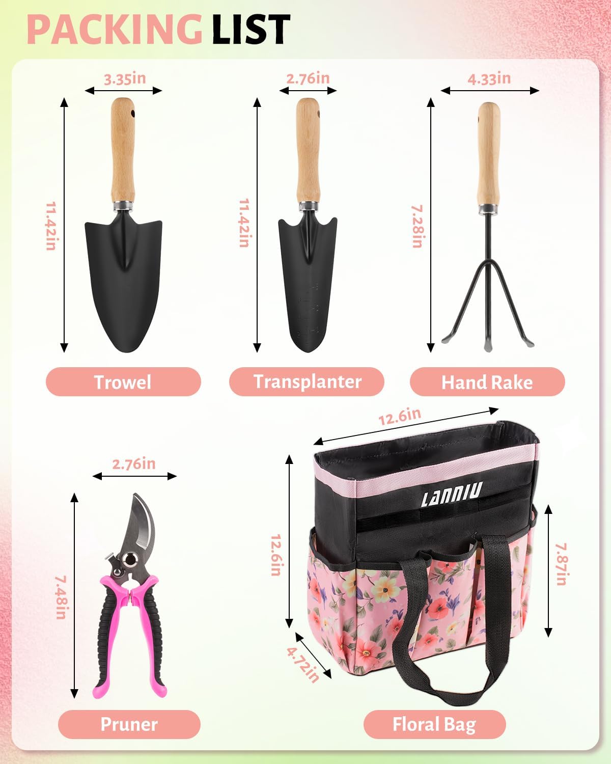 Pink Gardening Tools, Garden Tool Set for Women,5 Piece Womens Gardening Kit with Floral Garden Bag,Gifts for Wife (5-Piece Pink) - Image 8