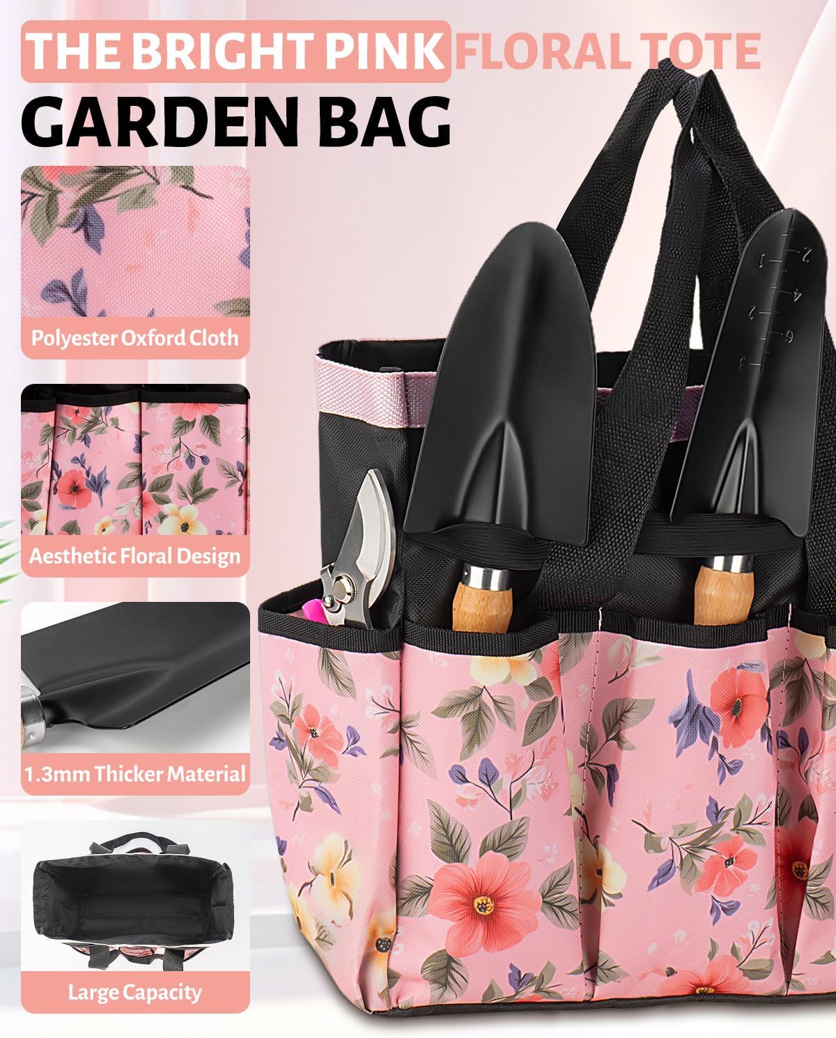 Pink Gardening Tools, Garden Tool Set for Women,5 Piece Womens Gardening Kit with Floral Garden Bag,Gifts for Wife (5-Piece Pink) - Image 7