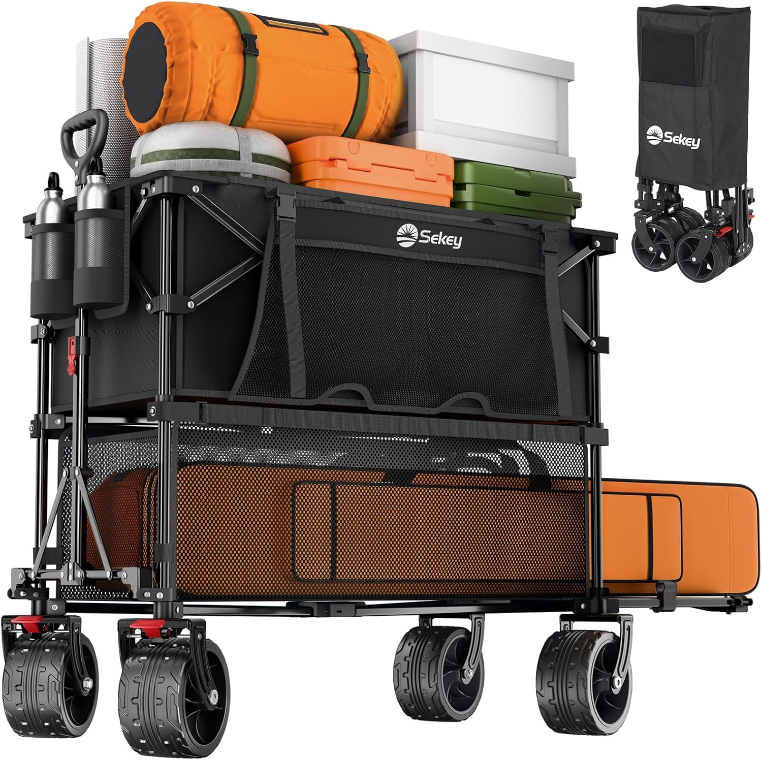 Sekey 500LBS Heavy Duty Double Decker Wagon with Extender, 400L Large Capacity Collapsible Garden Cart Fits 10x10 Canopy, All-Terrain Big Wheels with Brakes, Foldable Utility Wagon for Sports - 1