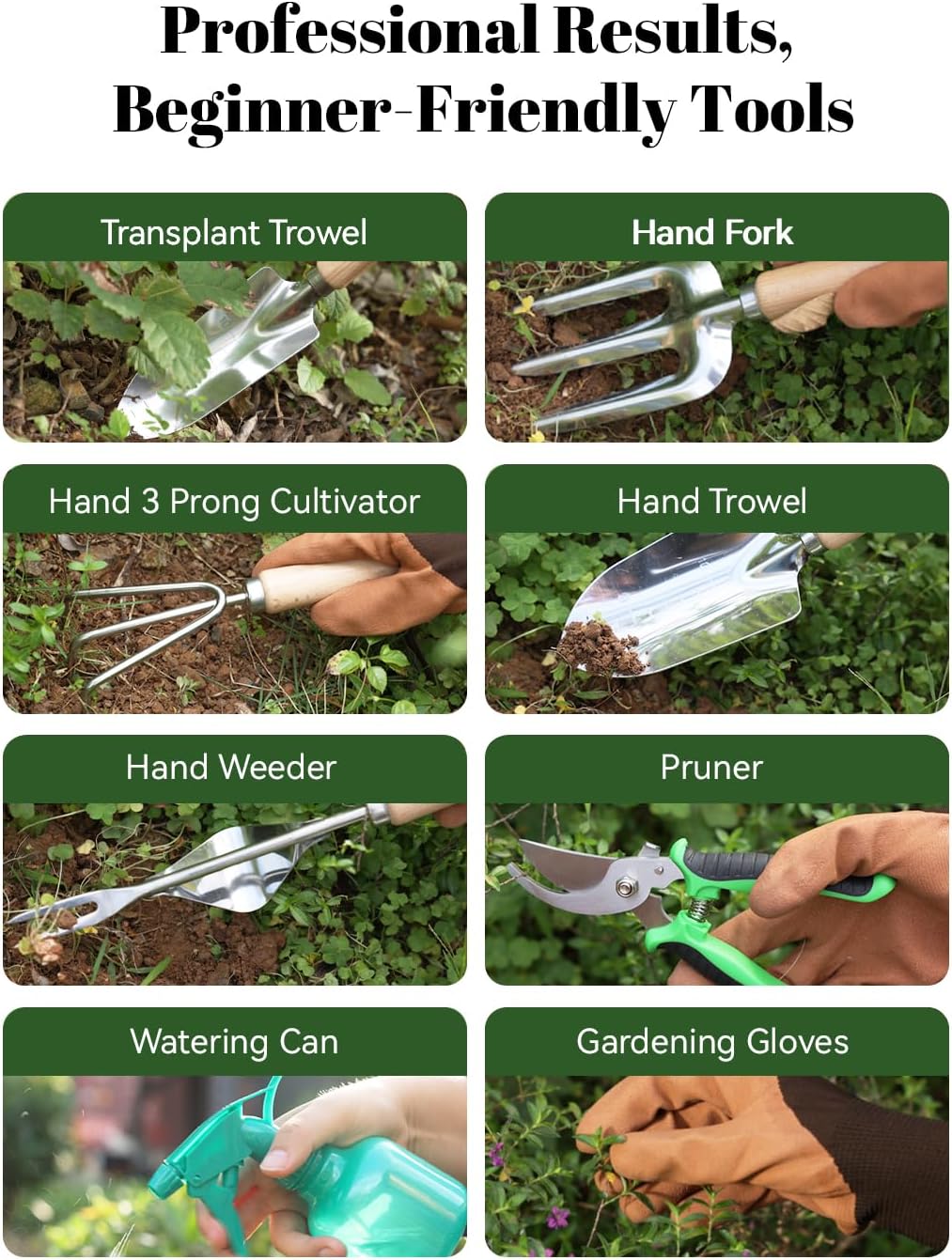 VerdantVibes 9-Piece Garden Tool Set - Heavy Duty Gardening Hand Tools with Ergonomic Non-Slip Grips, Rust-Resistant Shovel, Trowel, Rake, Pruner & Storage Bag - Ideal Gardening Gifts for Women - Image 7