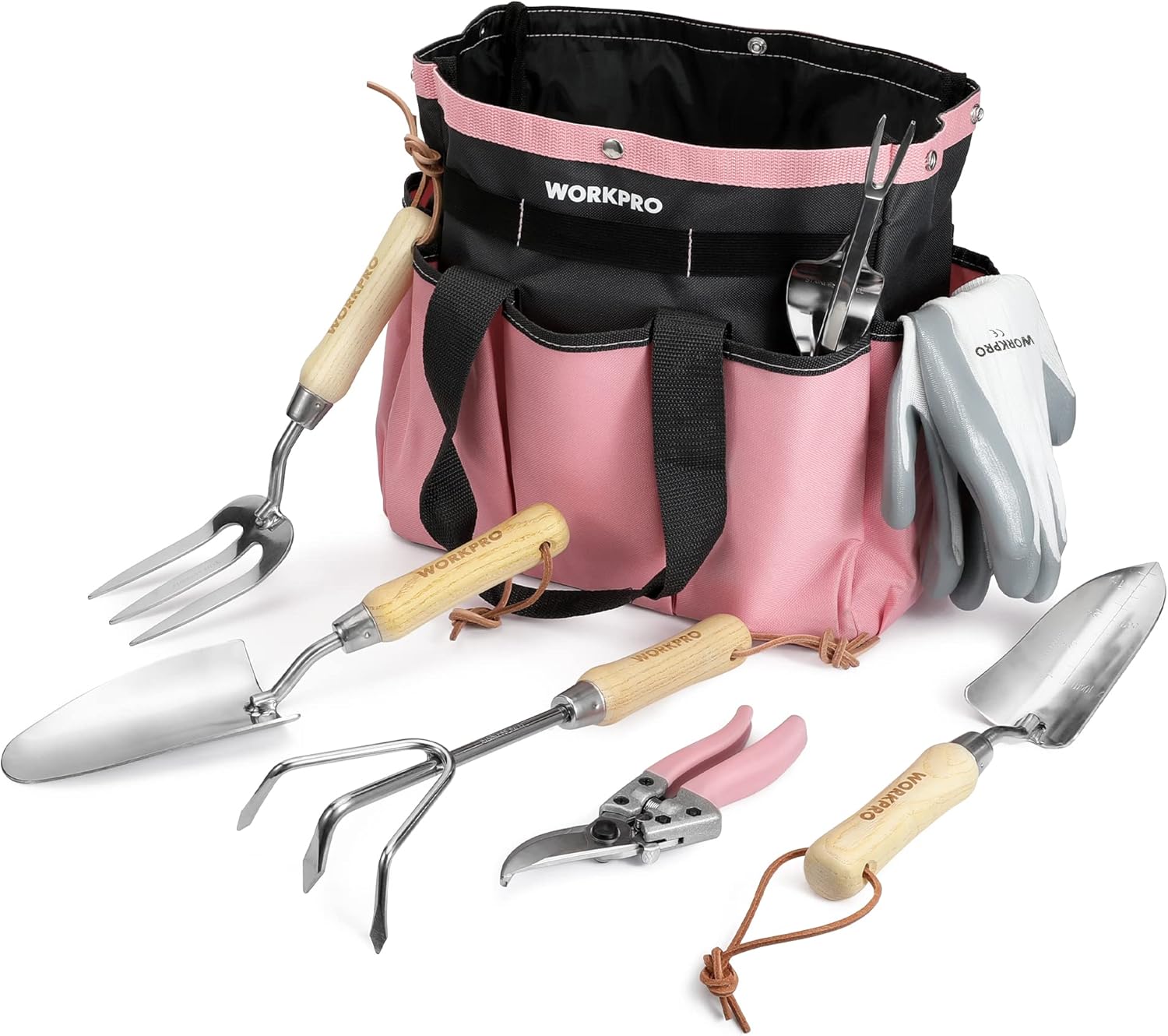 WORKPRO 8-Piece Pink Garden Tool Set, Stainless Steel Gardening Tools with Wood Handle, Including Garden Tote, Gloves, Trowel, Hand Weeder, Cultivator and More, Gardening Gifts For Women - Pink Ribbon - 1