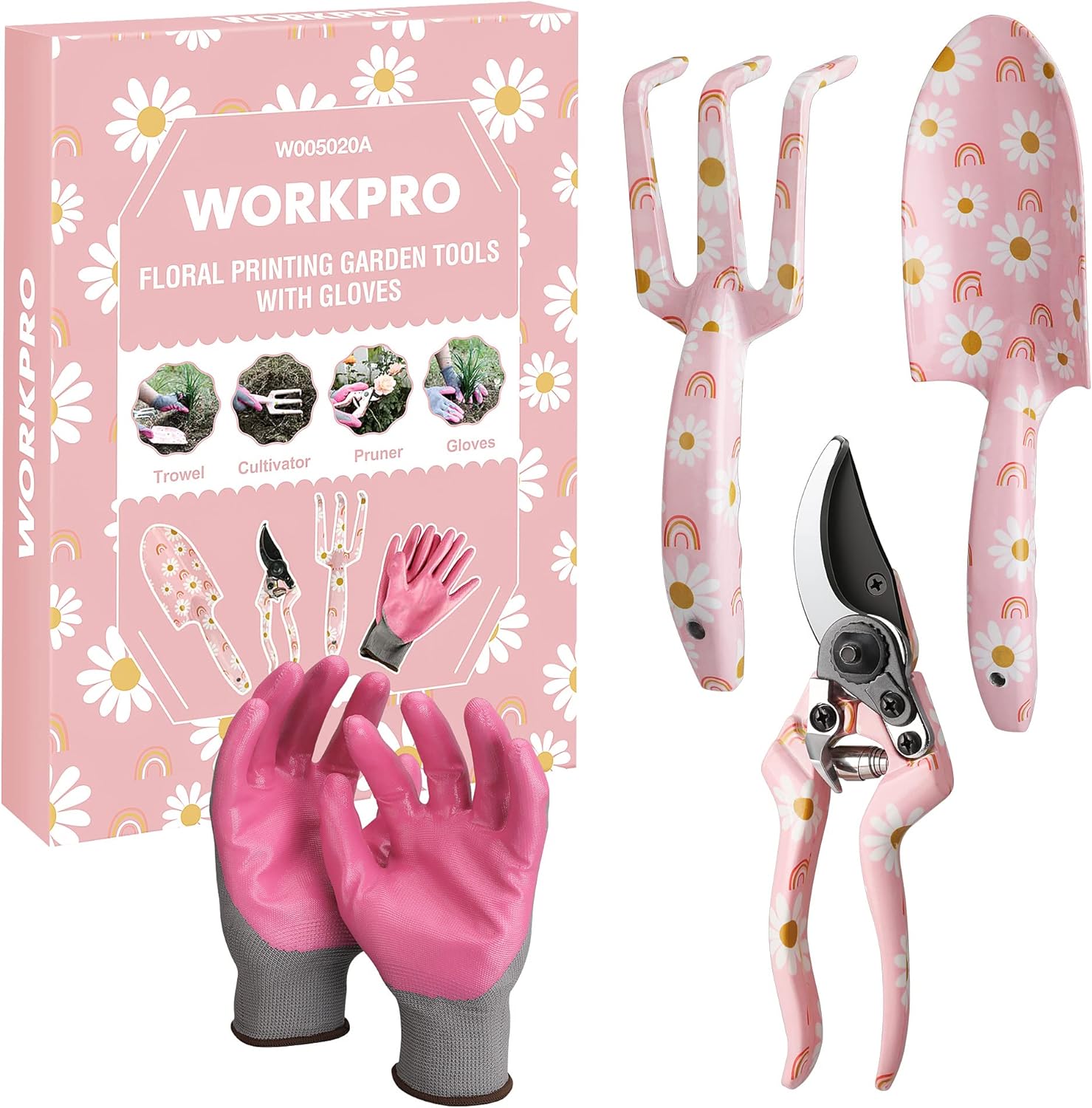 WORKPRO Aluminum Garden Tool Set, 4PCS Heavy Duty Gardening Tools with Box Include Trowel, Rake, Pruner, Gloves, Pink, Garden Gifts-Pink Ribbon - 1