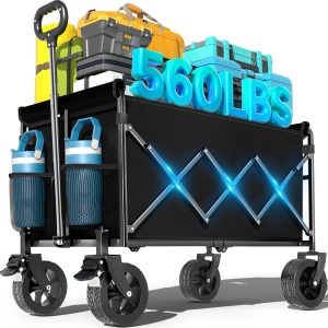 Wagons Carts Foldable, Beach Wagon with Brakes & All-Terrain Wheels 560LBS Capacity Collapsible Wagon for Trips, Outdoor Camping, Sports & Garden Use – Black - 1