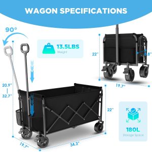 Wagons Carts Foldable, Beach Wagon with Brakes & All-Terrain Wheels 560LBS Capacity Collapsible Wagon for Trips, Outdoor Camping, Sports & Garden Use – Black - 4