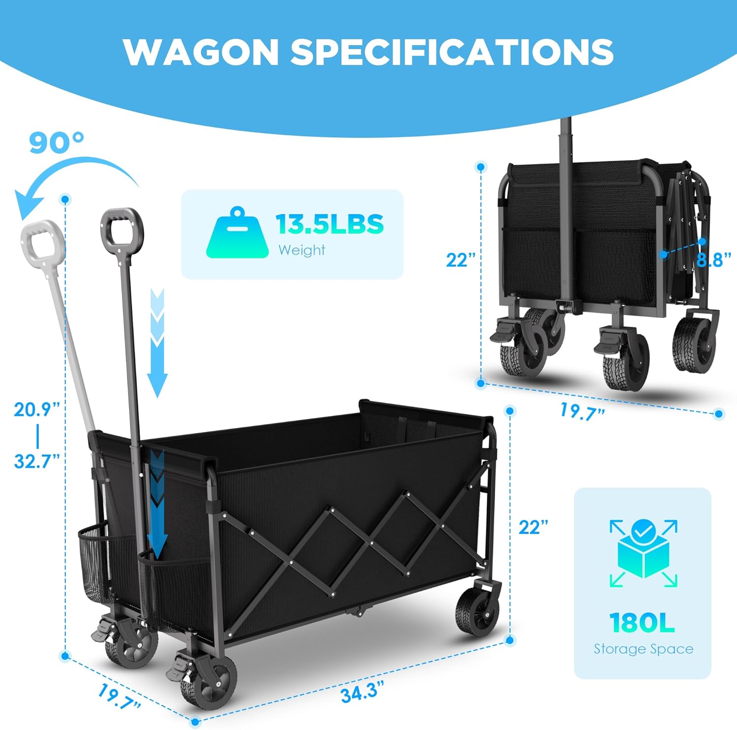 Wagons Carts Foldable, Beach Wagon with Brakes & All-Terrain Wheels 560LBS Capacity Collapsible Wagon for Trips, Outdoor Camping, Sports & Garden Use – Black - 4