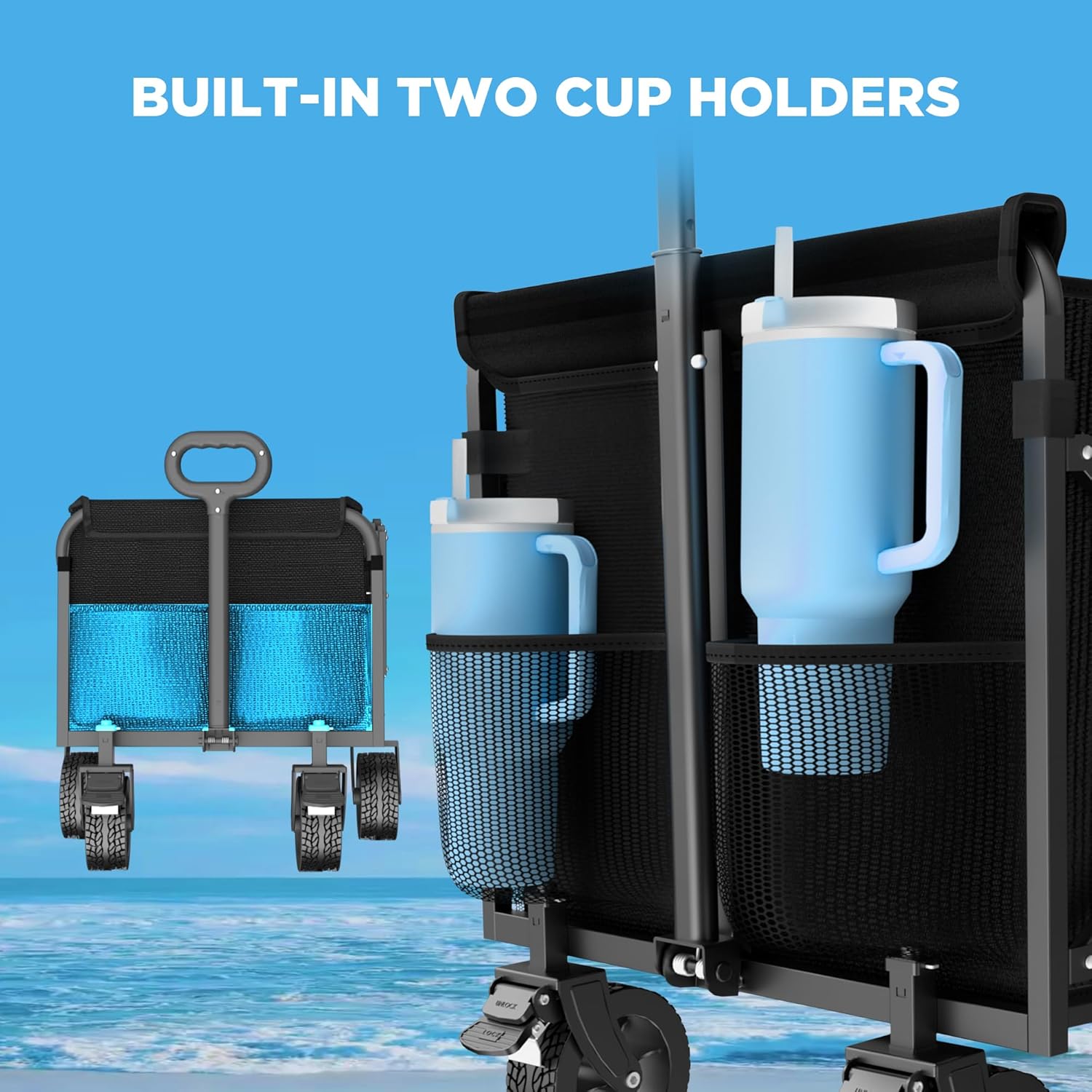 Wagons Carts Foldable, Beach Wagon with Brakes & All-Terrain Wheels 560LBS Capacity Collapsible Wagon for Trips, Outdoor Camping, Sports & Garden Use – Black - 5