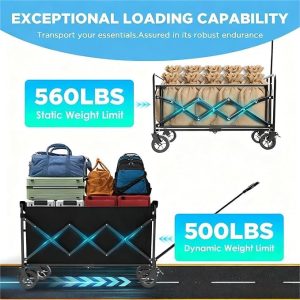 Wagons Carts Foldable, Beach Wagon with Brakes & All-Terrain Wheels 560LBS Capacity Collapsible Wagon for Trips, Outdoor Camping, Sports & Garden Use – Black - 6