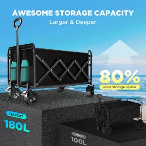 Wagons Carts Foldable, Beach Wagon with Brakes & All-Terrain Wheels 560LBS Capacity Collapsible Wagon for Trips, Outdoor Camping, Sports & Garden Use – Black - 7