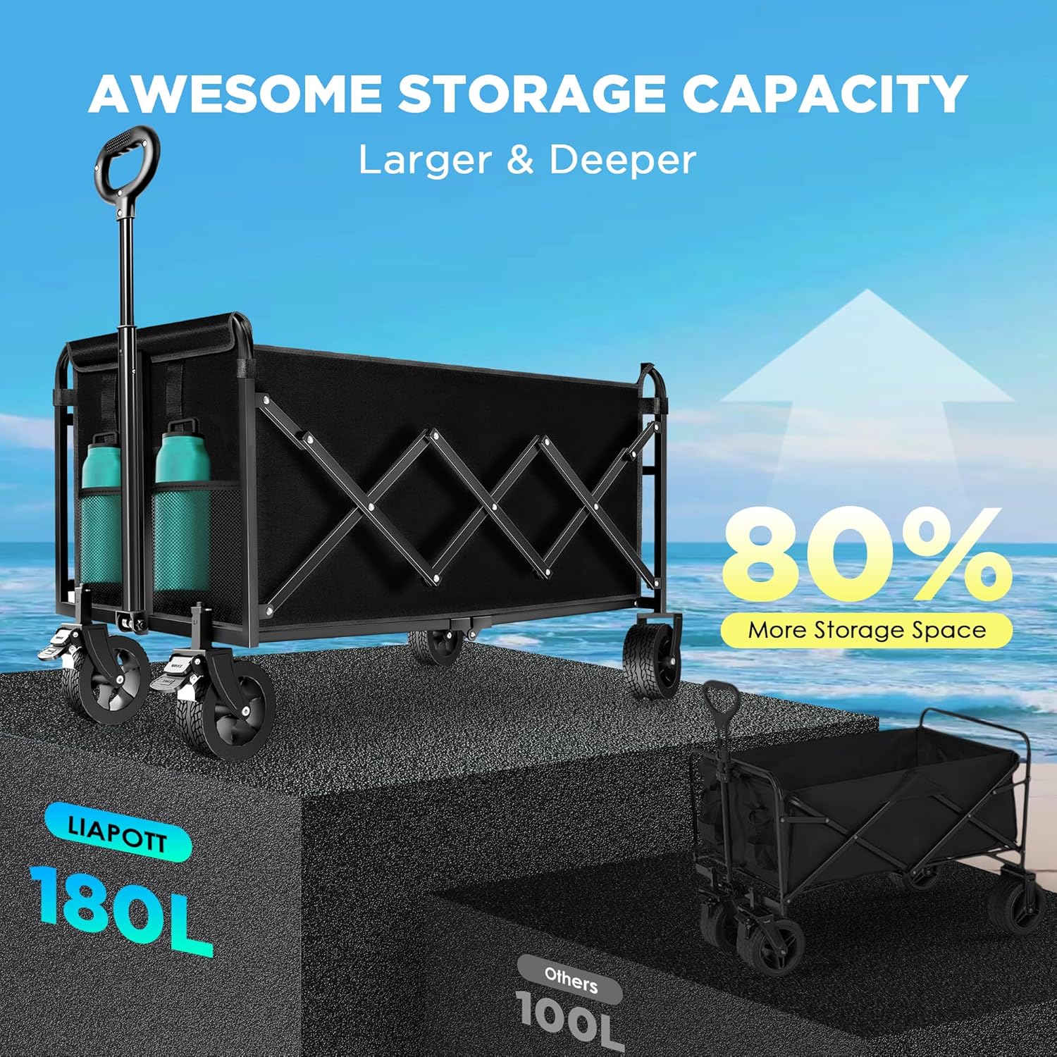 Wagons Carts Foldable, Beach Wagon with Brakes & All-Terrain Wheels 560LBS Capacity Collapsible Wagon for Trips, Outdoor Camping, Sports & Garden Use – Black - 7