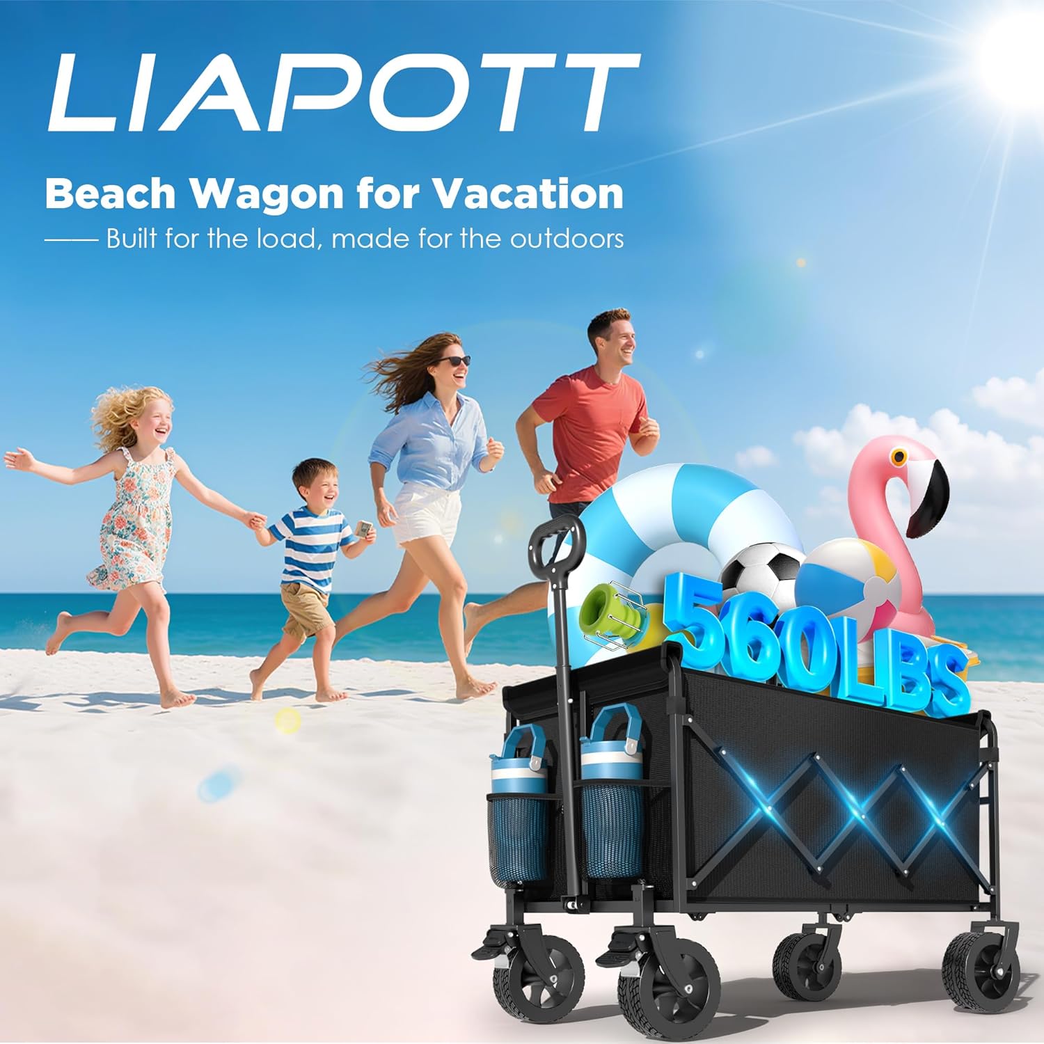 Wagons Carts Foldable, Beach Wagon with Brakes & All-Terrain Wheels 560LBS Capacity Collapsible Wagon for Trips, Outdoor Camping, Sports & Garden Use – Black - 8