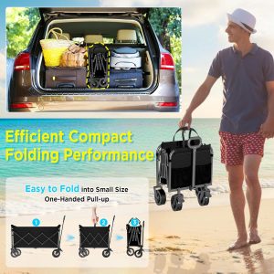 Wagons Carts Foldable, Beach Wagon with Brakes & All-Terrain Wheels 560LBS Capacity Collapsible Wagon for Trips, Outdoor Camping, Sports & Garden Use – Black - 9