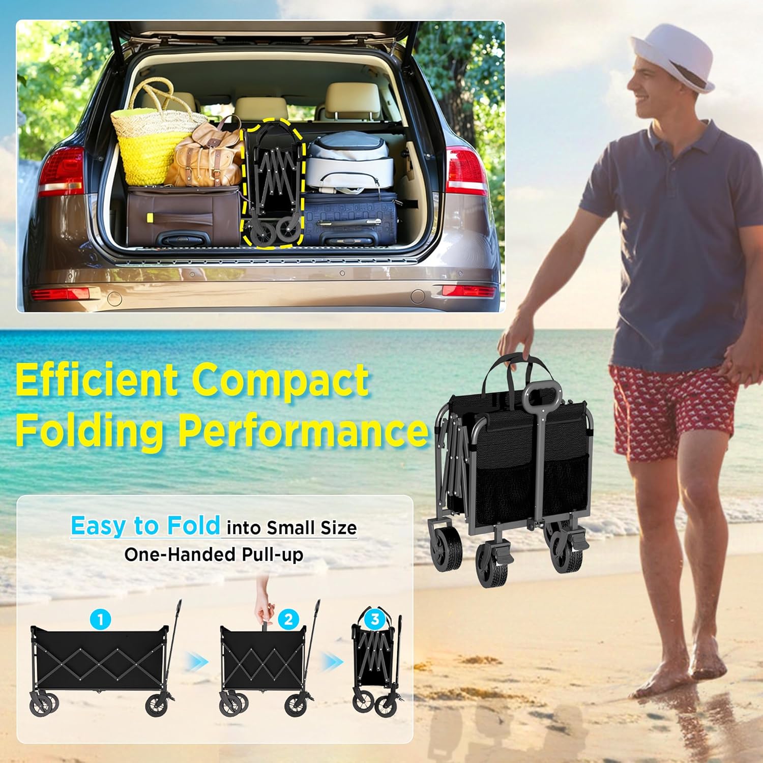 Wagons Carts Foldable, Beach Wagon with Brakes & All-Terrain Wheels 560LBS Capacity Collapsible Wagon for Trips, Outdoor Camping, Sports & Garden Use – Black - 9