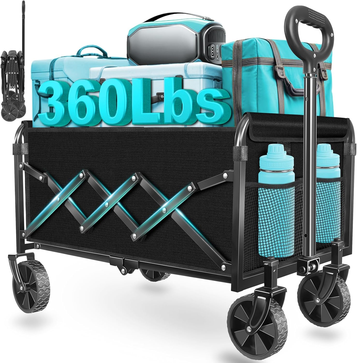 Wagons Carts Foldable, Collapsible Wagon with Wheels — Foldable Wagon for Groceries,Picnic,Beach,Camping, Small Hauls, Apartment Moving Storage, Portable Utility Folding Wagon Cart, 360lbs,Jet Black - 1