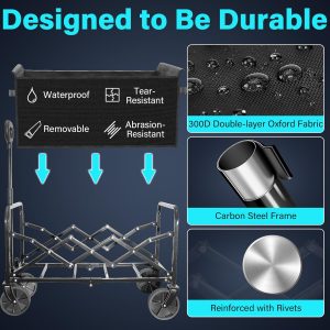 Wagons Carts Foldable, Collapsible Wagon with Wheels — Foldable Wagon for Groceries,Picnic,Beach,Camping, Small Hauls, Apartment Moving Storage, Portable Utility Folding Wagon Cart, 360lbs,Jet Black - 9