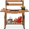 Best Choice Products Mobile Garden Potting Bench, Outdoor Wood Workstation Table w-Sliding Tabletop, 4 Locking Wheels, Food Grade Dry Sink, Storage Shelves - Brown - 1