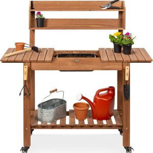 Best Choice Products Mobile Garden Potting Bench, Outdoor Wood Workstation Table w-Sliding Tabletop, 4 Locking Wheels, Food Grade Dry Sink, Storage Shelves - Brown - 1