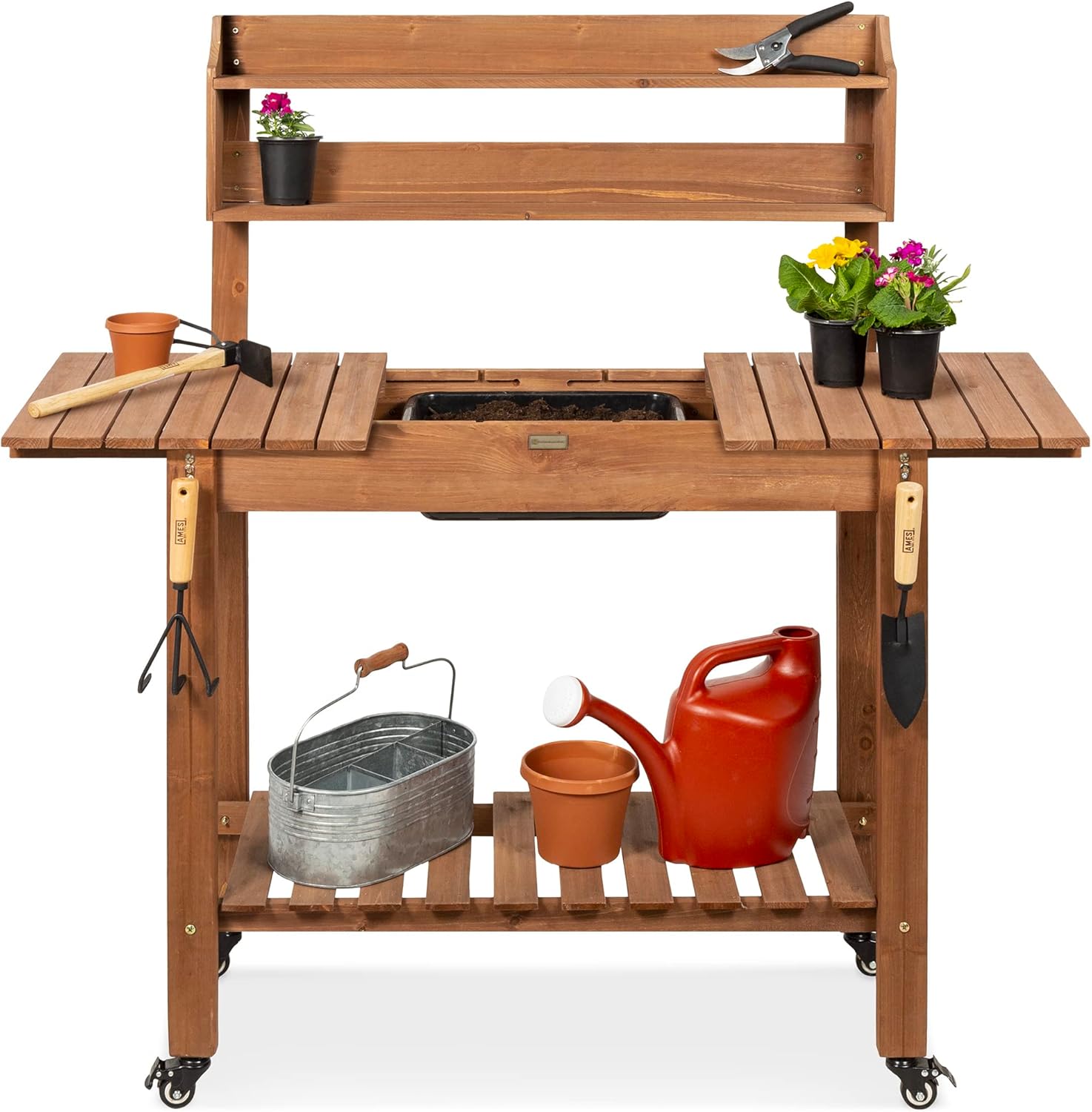 Best Choice Products Mobile Garden Potting Bench, Outdoor Wood Workstation Table w-Sliding Tabletop, 4 Locking Wheels, Food Grade Dry Sink, Storage Shelves - Brown - 1
