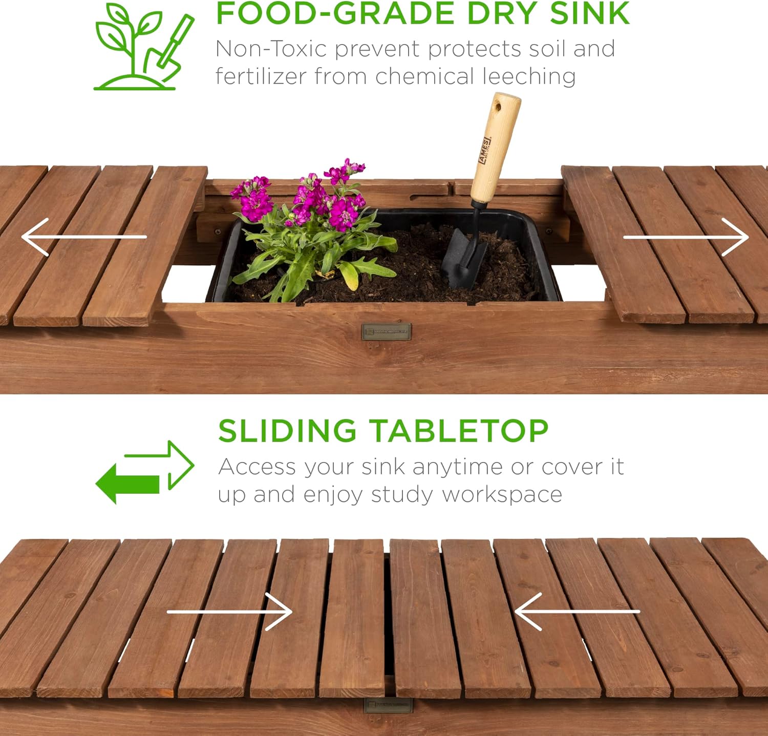 Best Choice Products Mobile Garden Potting Bench, Outdoor Wood Workstation Table w/Sliding Tabletop, 4 Locking Wheels, Food Grade Dry Sink, Storage Shelves - Brown - Image 8