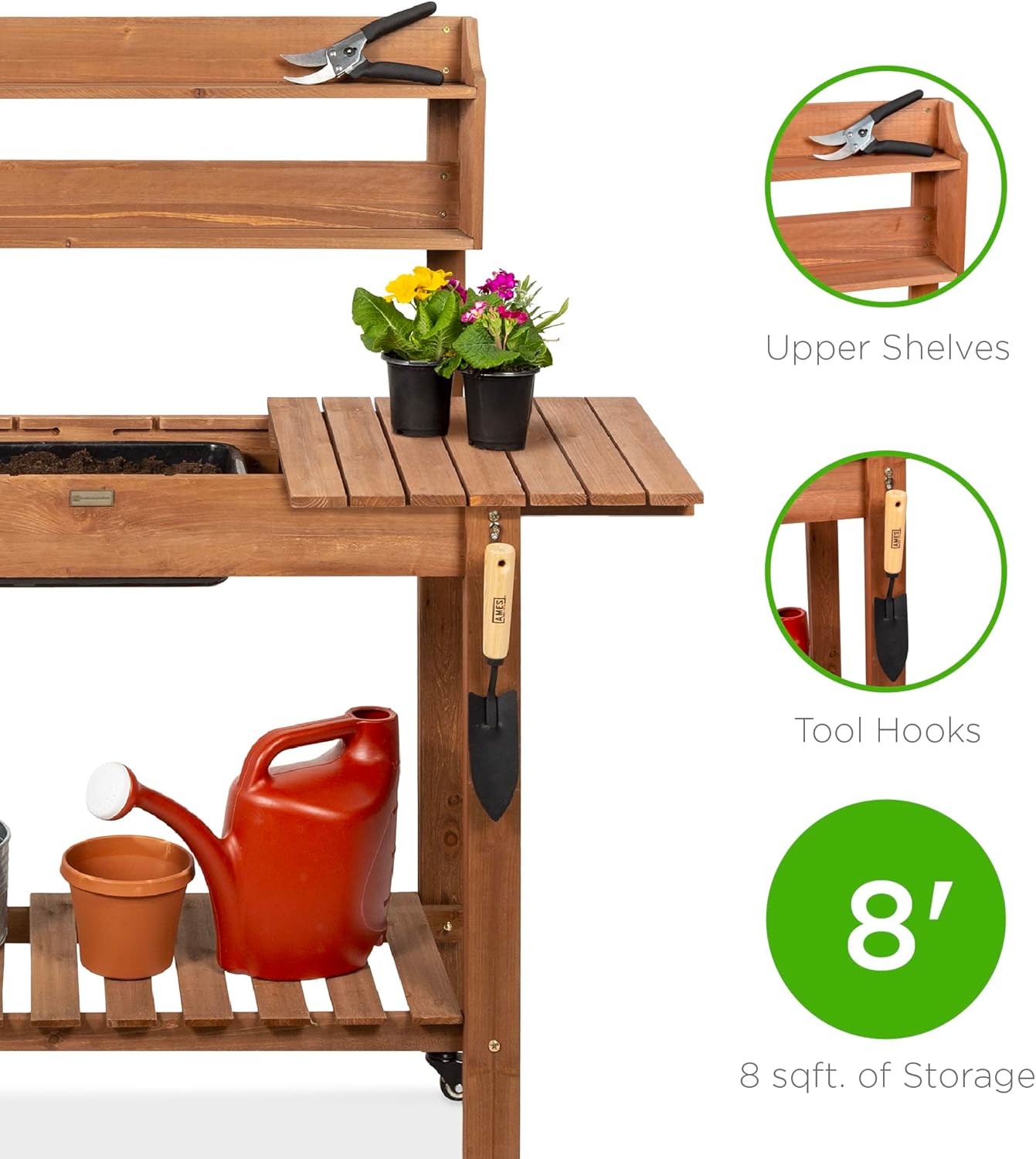 Best Choice Products Mobile Garden Potting Bench, Outdoor Wood Workstation Table w/Sliding Tabletop, 4 Locking Wheels, Food Grade Dry Sink, Storage Shelves - Brown - Image 7
