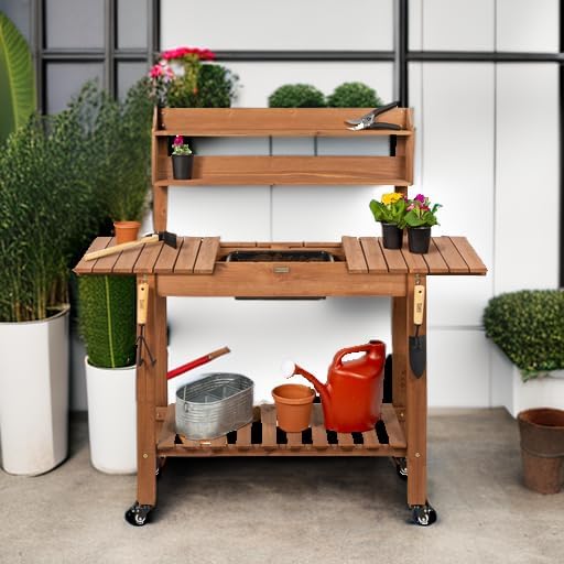 Best Choice Products Mobile Garden Potting Bench, Outdoor Wood Workstation Table w/Sliding Tabletop, 4 Locking Wheels, Food Grade Dry Sink, Storage Shelves - Brown - Image 5