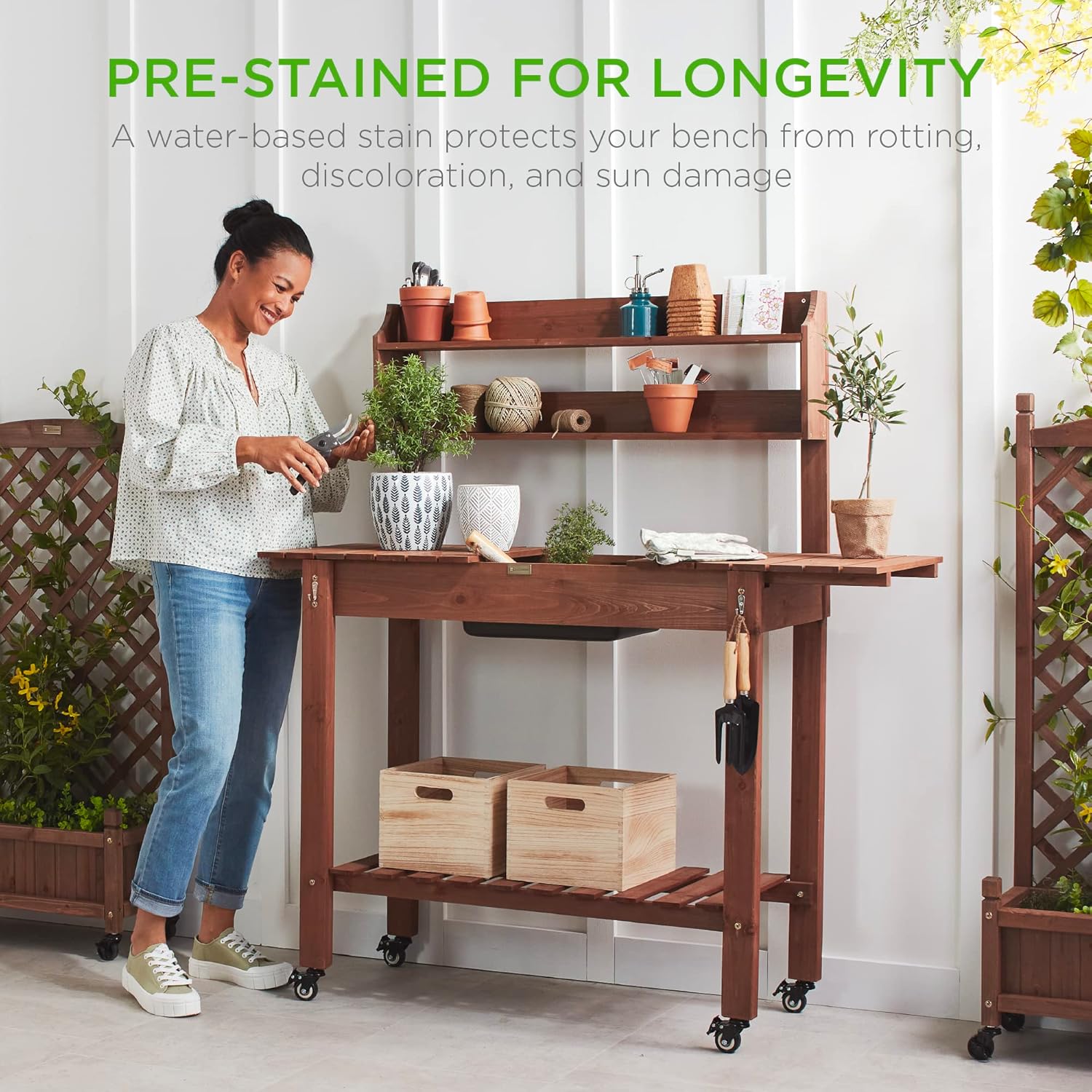 Best Choice Products Mobile Garden Potting Bench, Outdoor Wood Workstation Table w/Sliding Tabletop, 4 Locking Wheels, Food Grade Dry Sink, Storage Shelves - Brown - Image 3