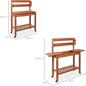 Alternative view of Best Choice Products Mobile Garden Potting Bench, Outdoor Wood Workstation Table w/Sliding Tabletop, 4 Locking Wheels, Food Grade Dry Sink, Storage Shelves - Brown