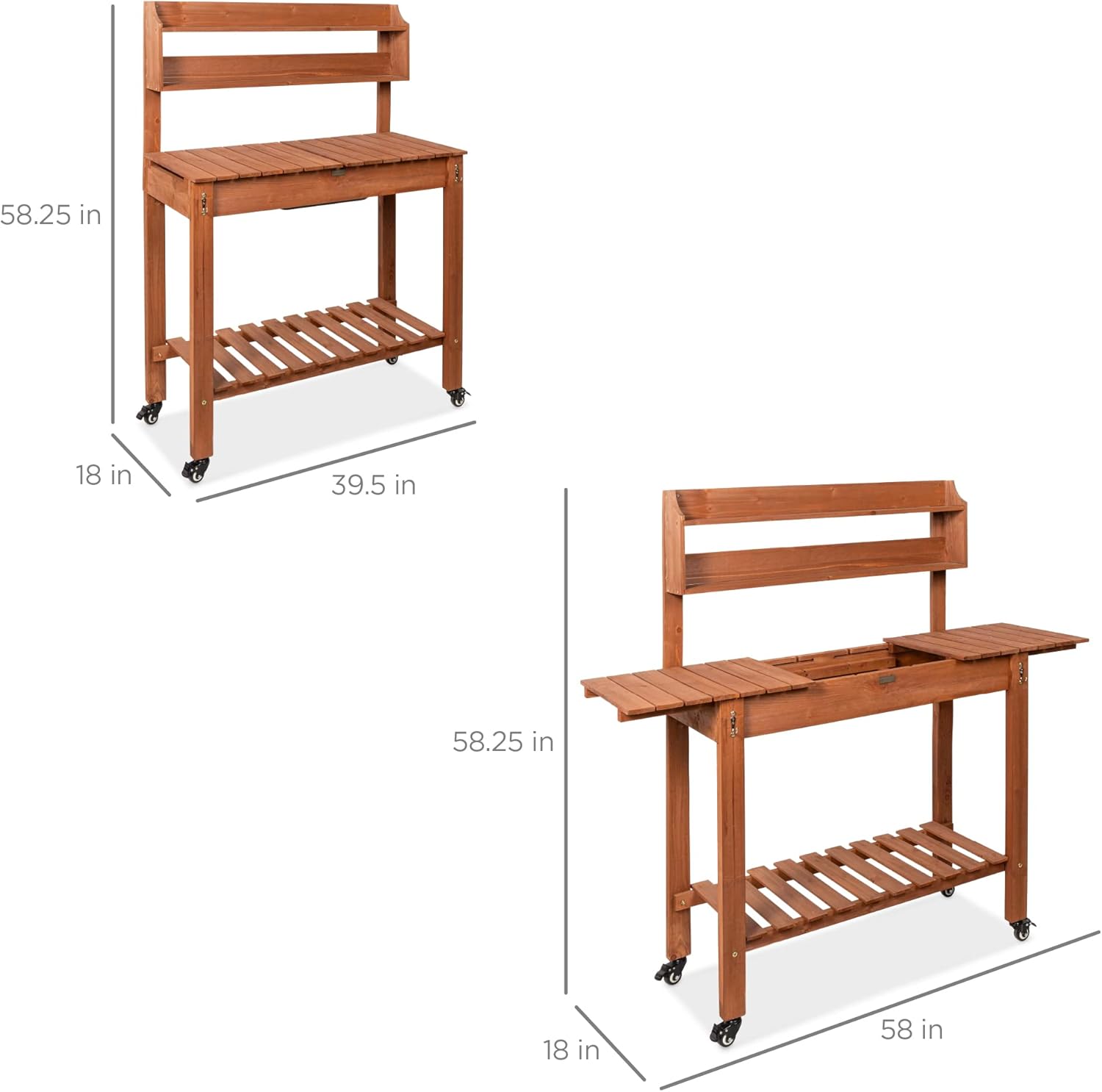 Best Choice Products Mobile Garden Potting Bench, Outdoor Wood Workstation Table w/Sliding Tabletop, 4 Locking Wheels, Food Grade Dry Sink, Storage Shelves - Brown - Image 2