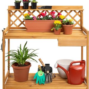 Best Choice Products Outdoor Garden Potting Bench, Wooden Workstation Table w-Cabinet Drawer, Open Shelf, Lower Storage, Lattice Back - Natural - 1
