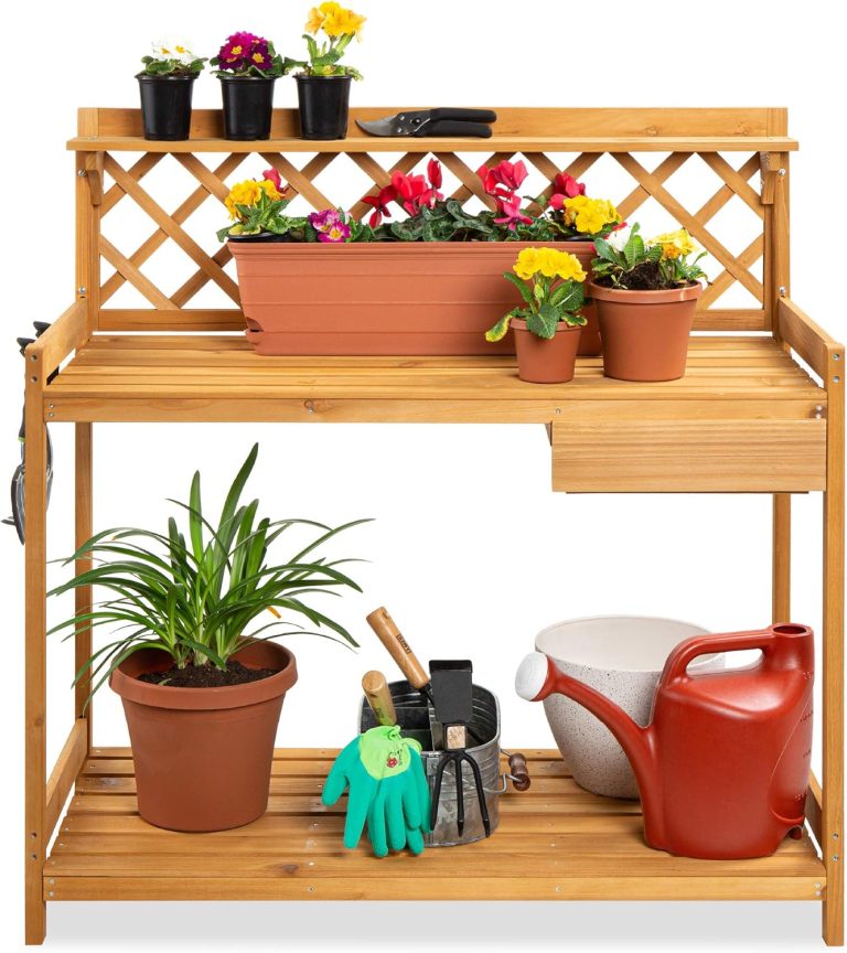 Best Choice Products Outdoor Garden Potting Bench, Wooden Workstation Table w/Cabinet Drawer, Open Shelf, Lower Storage, Lattice Back – Natural