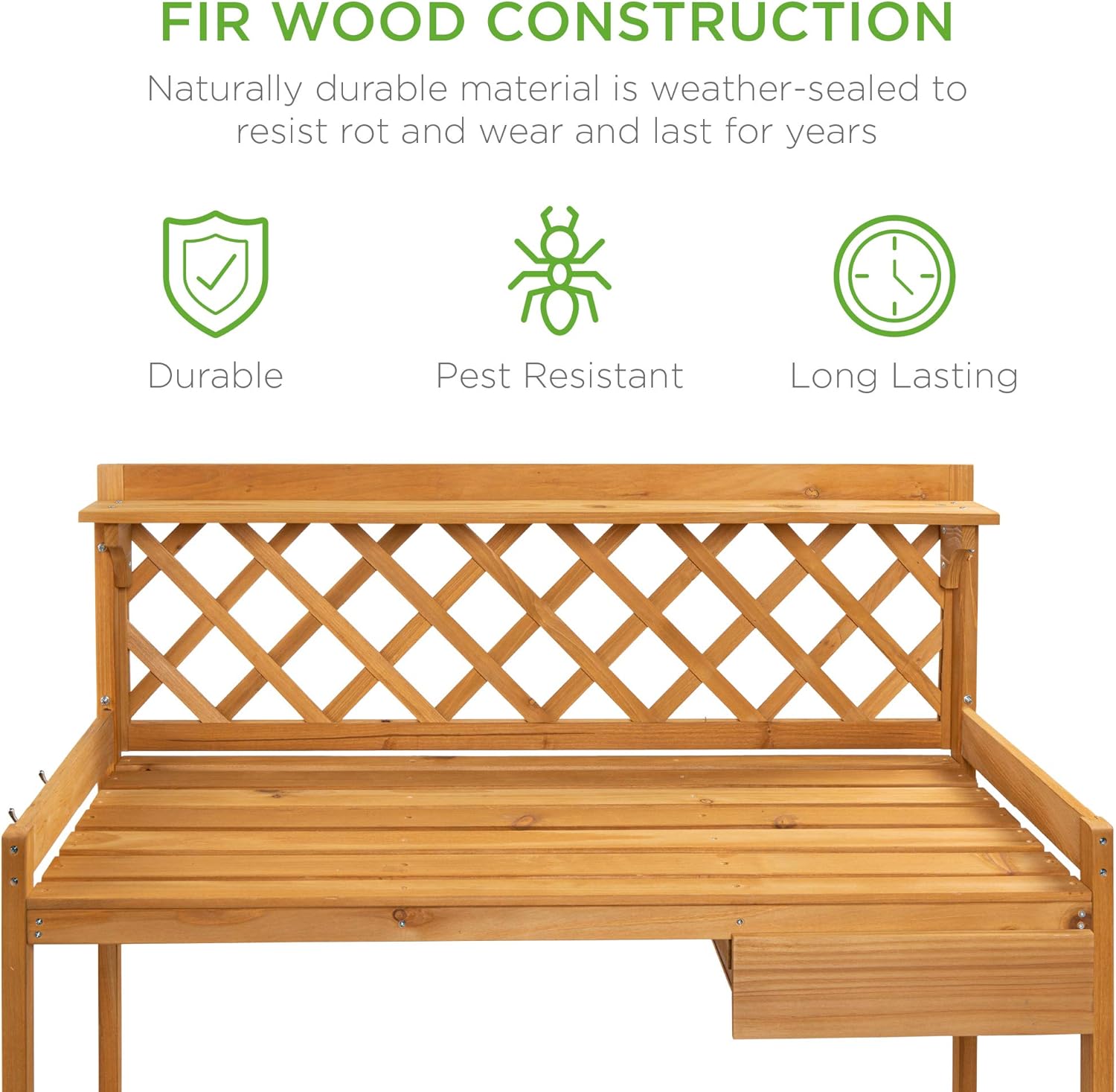 Best Choice Products Outdoor Garden Potting Bench, Wooden Workstation Table w/Cabinet Drawer, Open Shelf, Lower Storage, Lattice Back - Natural - Image 8