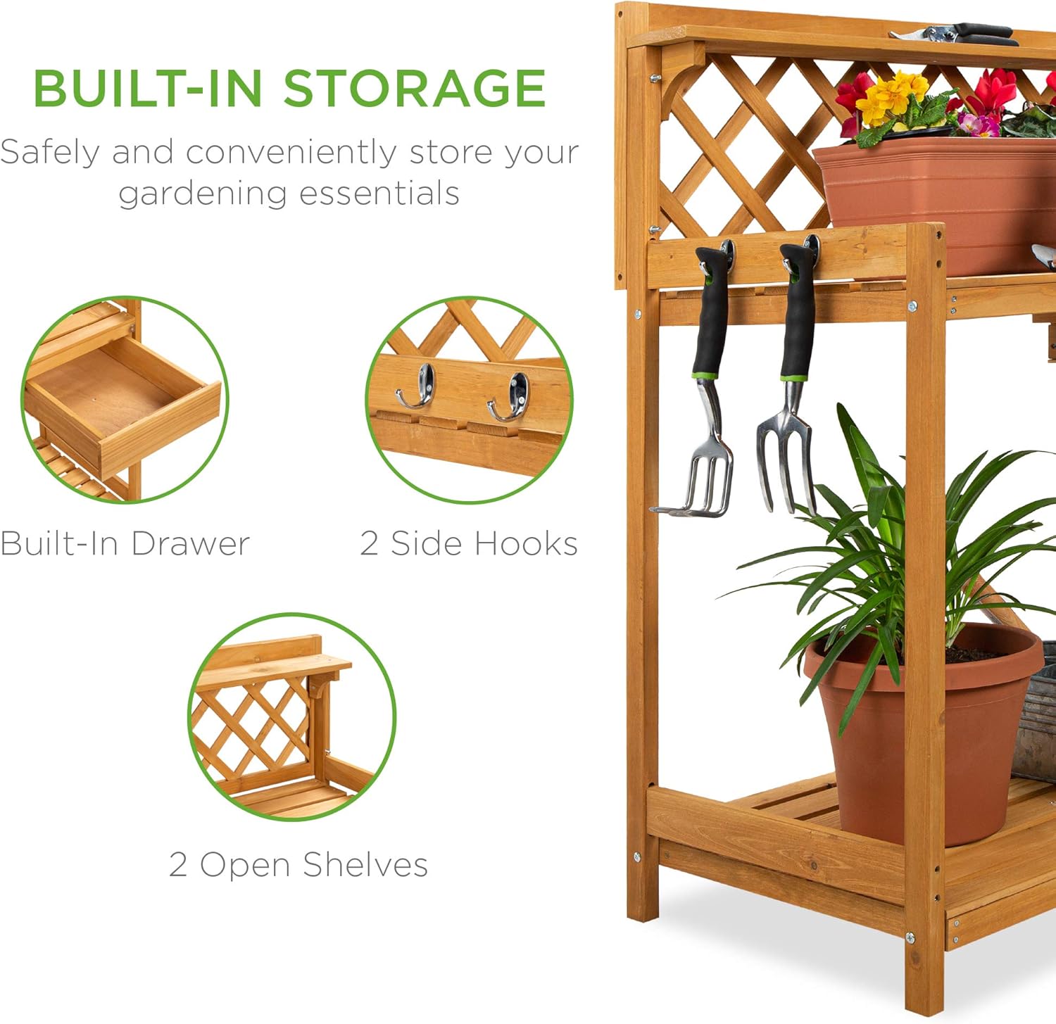 Best Choice Products Outdoor Garden Potting Bench, Wooden Workstation Table w/Cabinet Drawer, Open Shelf, Lower Storage, Lattice Back - Natural - Image 7