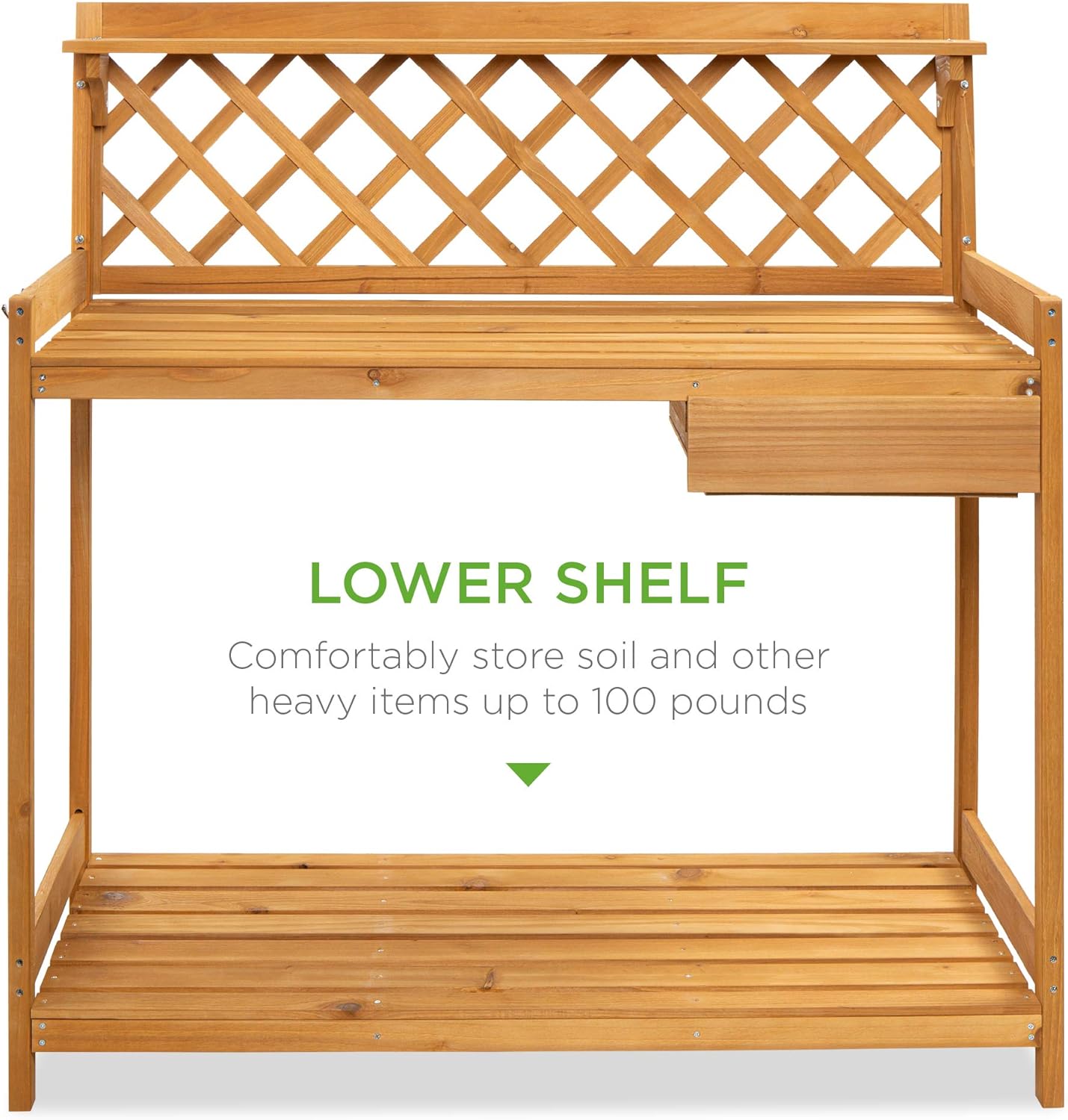 Best Choice Products Outdoor Garden Potting Bench, Wooden Workstation Table w/Cabinet Drawer, Open Shelf, Lower Storage, Lattice Back - Natural - Image 6