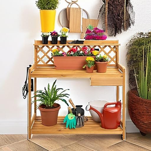 Best Choice Products Outdoor Garden Potting Bench, Wooden Workstation Table w/Cabinet Drawer, Open Shelf, Lower Storage, Lattice Back - Natural - Image 5