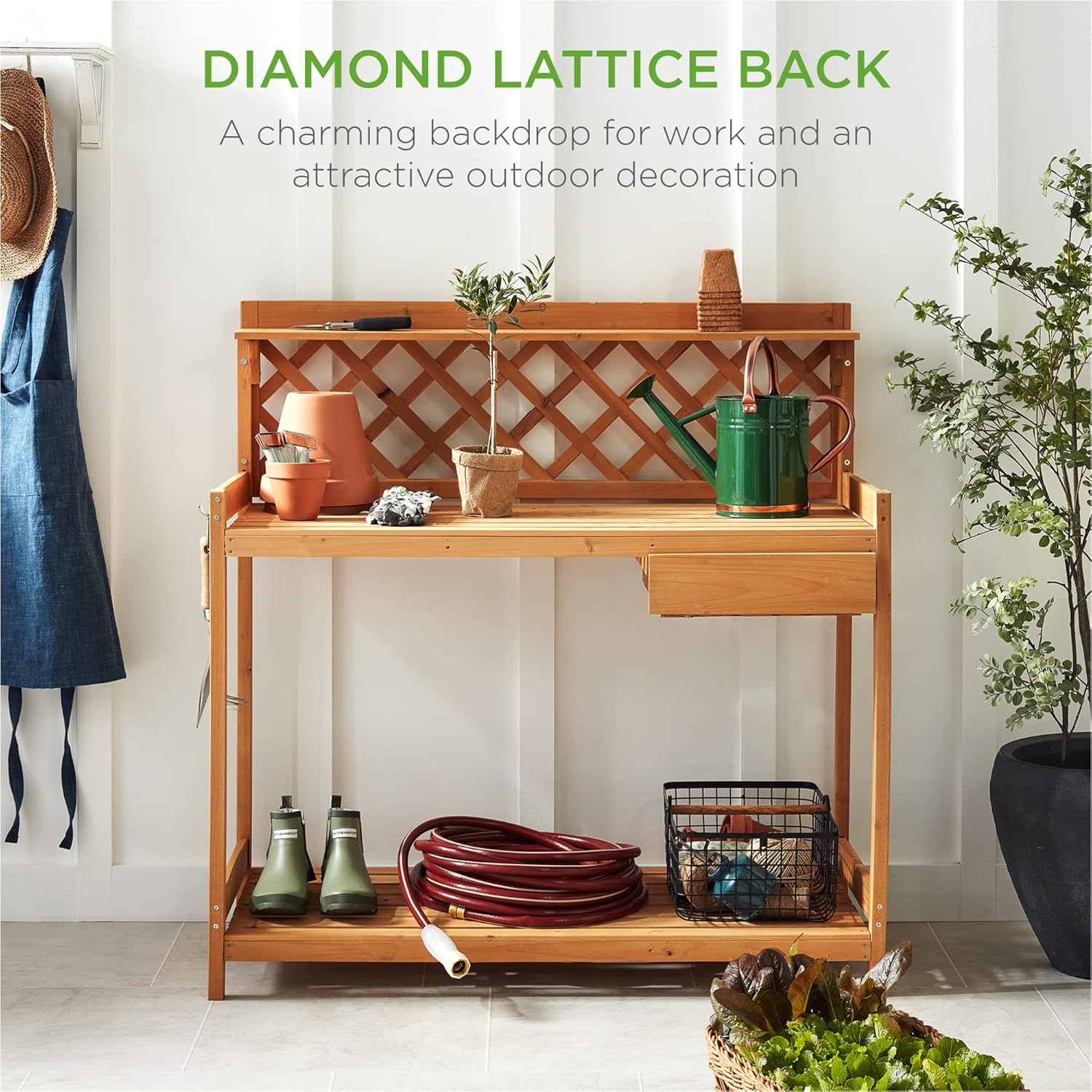 Best Choice Products Outdoor Garden Potting Bench, Wooden Workstation Table w/Cabinet Drawer, Open Shelf, Lower Storage, Lattice Back - Natural - Image 3